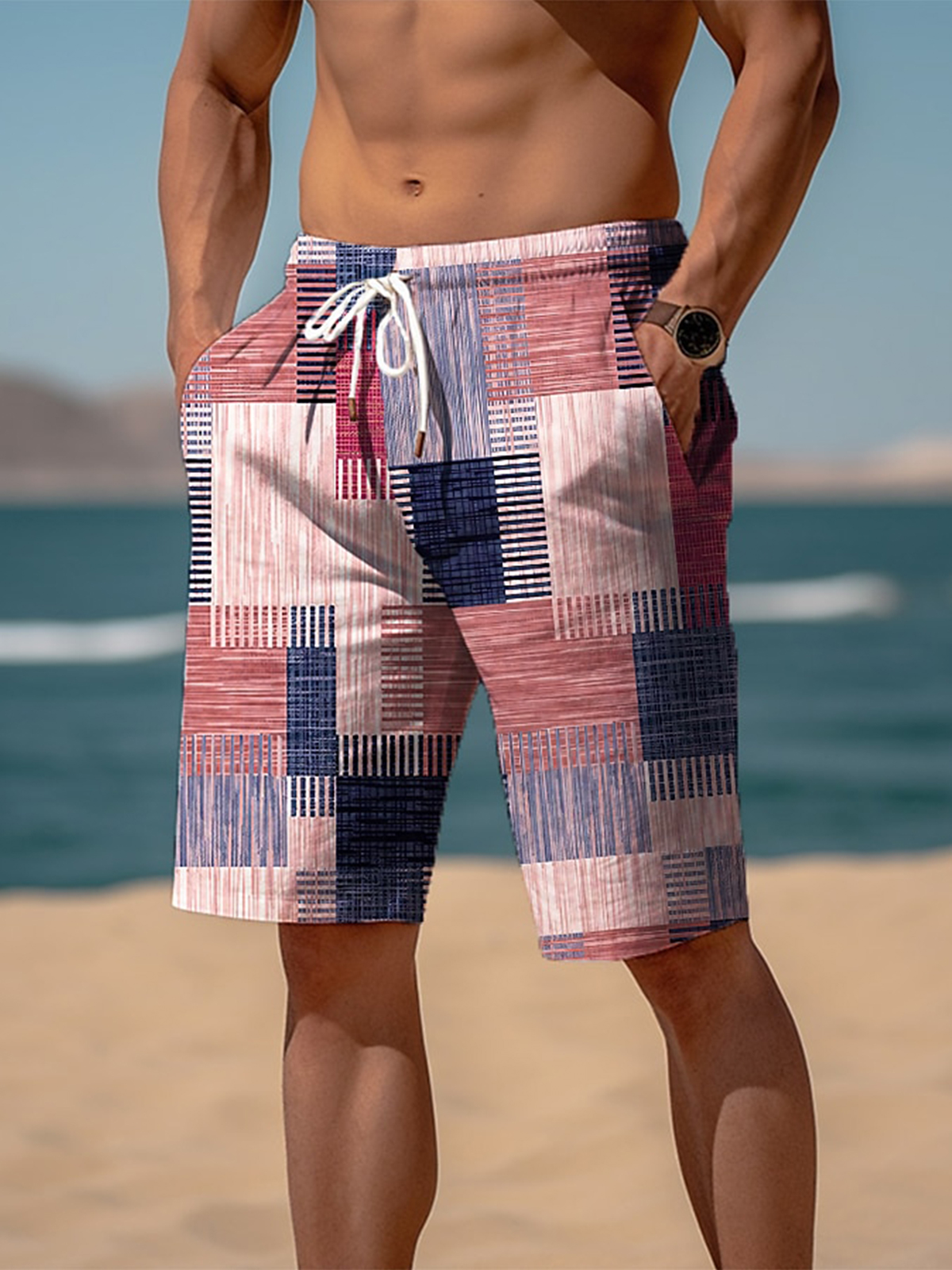 Men's Shorts Drawstring Elastic Waist 3D Print Graphic Plaid Beach Shorts