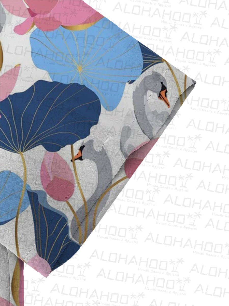 Men's Sets Hawaiian Lotus And Crane Print Button Pocket Two-Piece Shirt Shorts Set