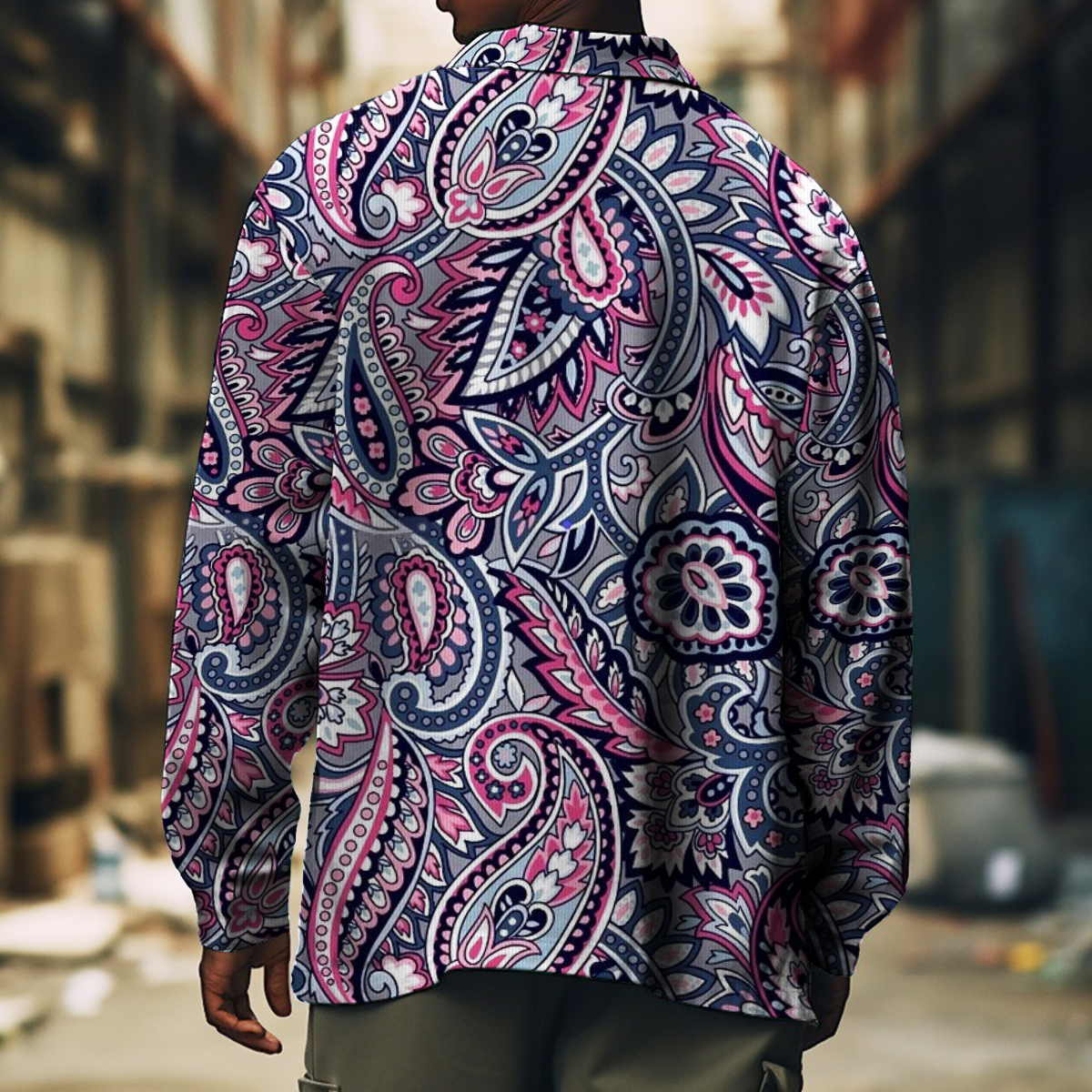 Men's Casual Jacket Vintage Paisley Pattern Long Sleeve Two Pockets Shirt Jacket