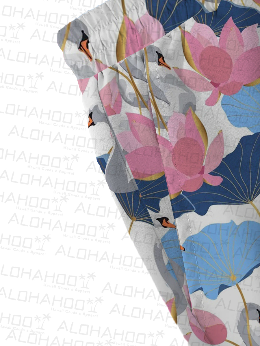 Men's Sets Hawaiian Lotus And Crane Print Button Pocket Two-Piece Shirt Shorts Set