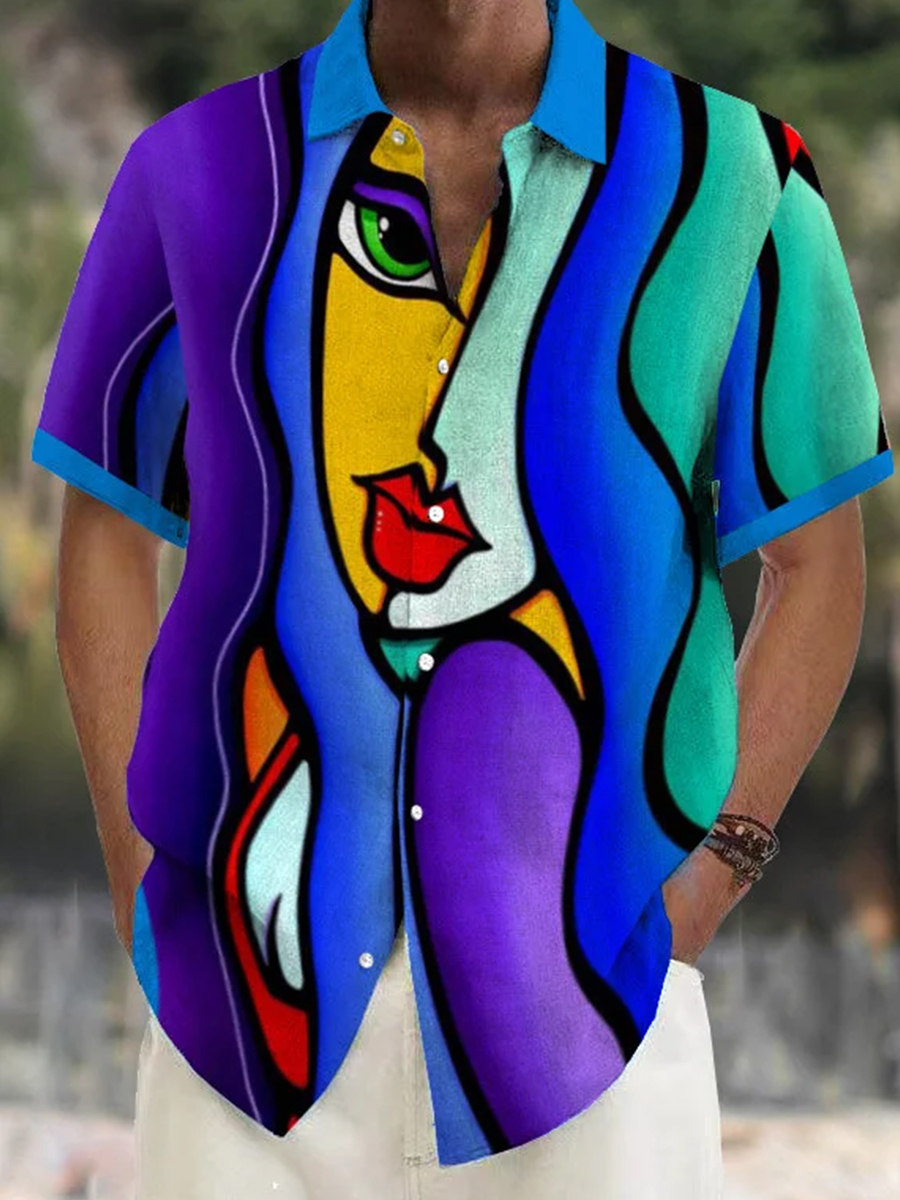 Men's Shirt Art Colorful Beauty Print Vacation Oversized Short Sleeve Shirt