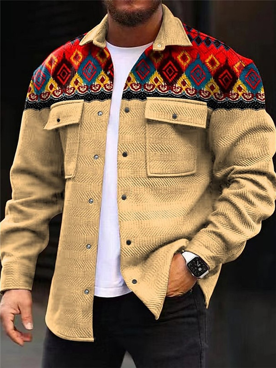 Men's Casual Jacket Retro Western Geometric Print Long Sleeve Pockets Shirt Jacket