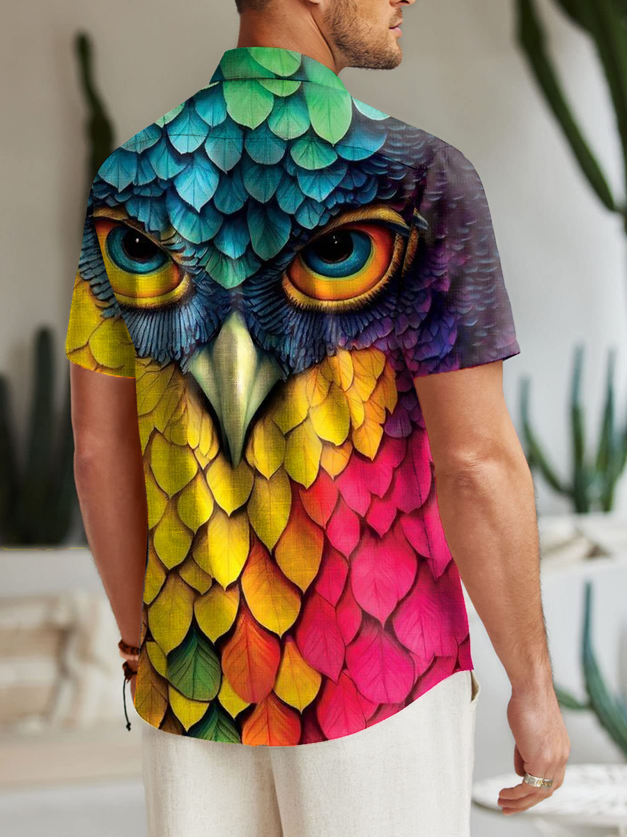 Men's Shirt Colorful Owl Art Pattern Vacation Oversized Short Sleeve Shirt
