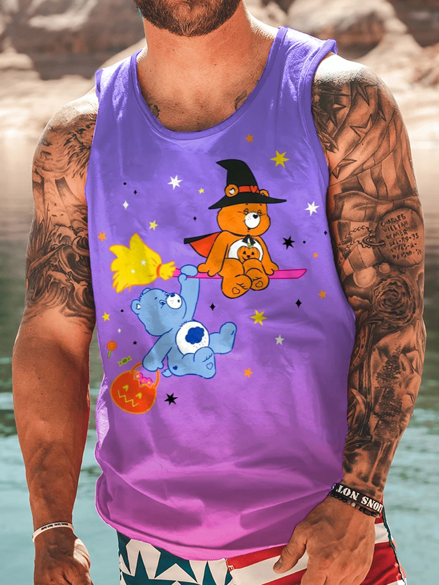 Men's Halloween Tank Top Cartoon Bear Pumpkin Pattern Shirt
