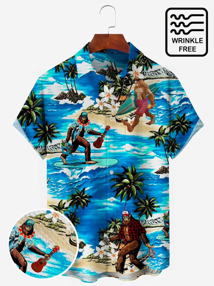 Men's Hawaiian Shirts Beach Vacation Bigfoot Wrinkle Free Seersucker Aloha Camp Pocket Shirts