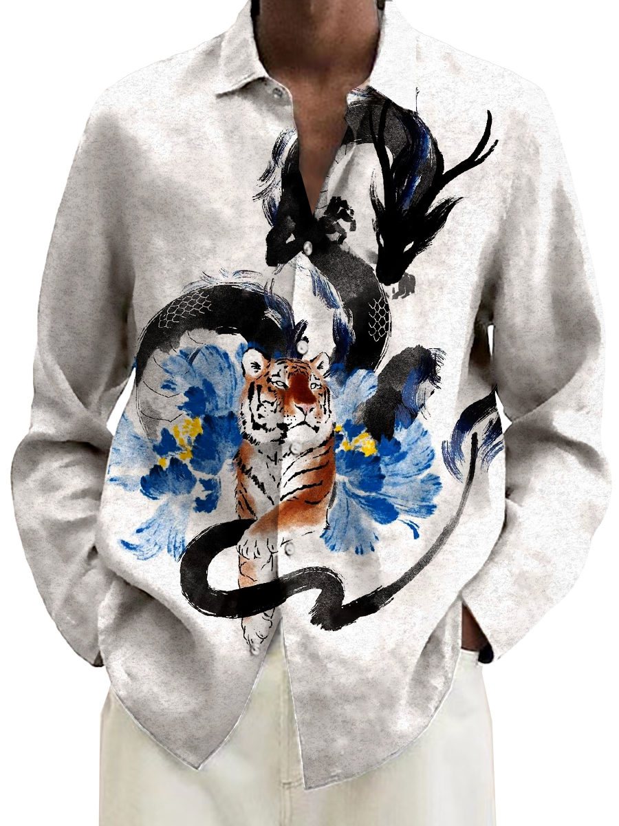 Vintage Ink Dragon Tiger Floral Print Long Sleeve Hawaiian Shirt