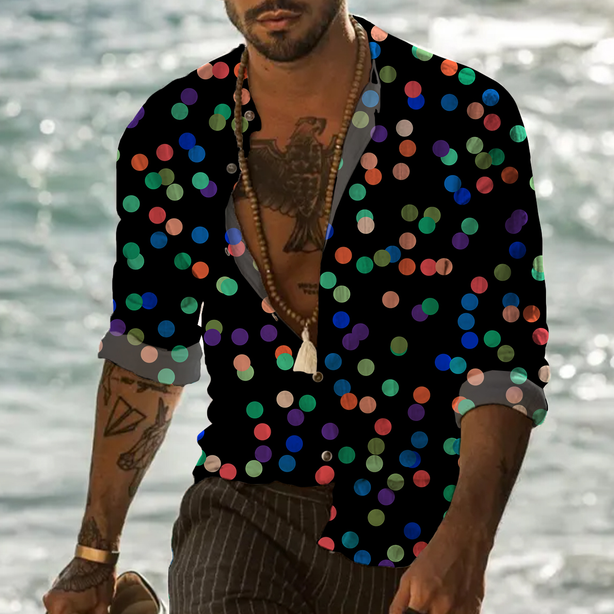 Retro Colorful Polka Dots Pattern Easy Care Aloha Long Sleeve Shirts