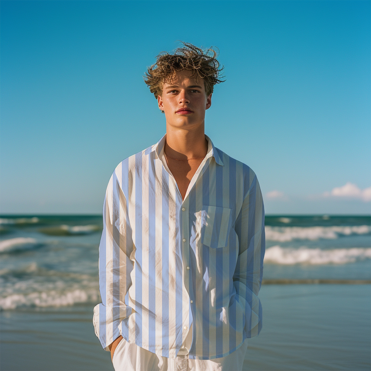 Basic Stripes Pattern Long Sleeve Pocket Hawaiian Shirt