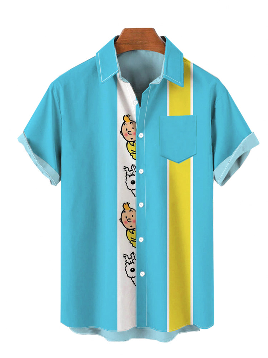 Retro Blue And Yellow Stripe Cartoon Print Breast Pocket Short Sleeve Shirt