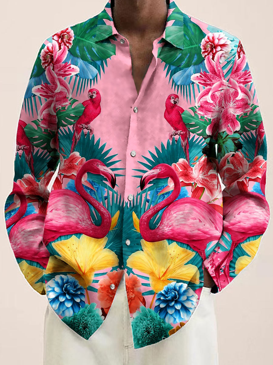 Tropical Garden Flamingos And Parrot Print Long Sleeve Hawaiian Shirt