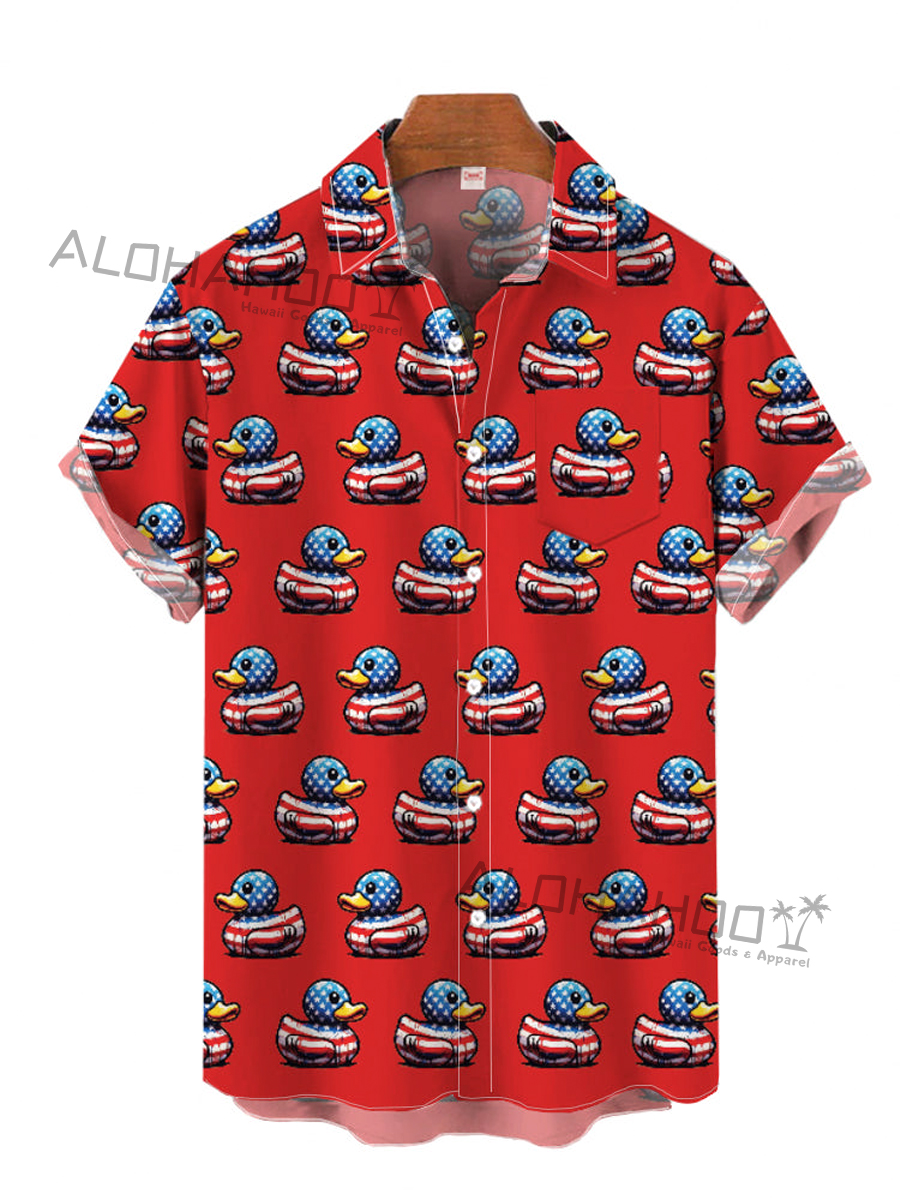 Red Stars And Stripes Rubber Duck Pattern Print Breast Pocket Short Sleeve Shirt