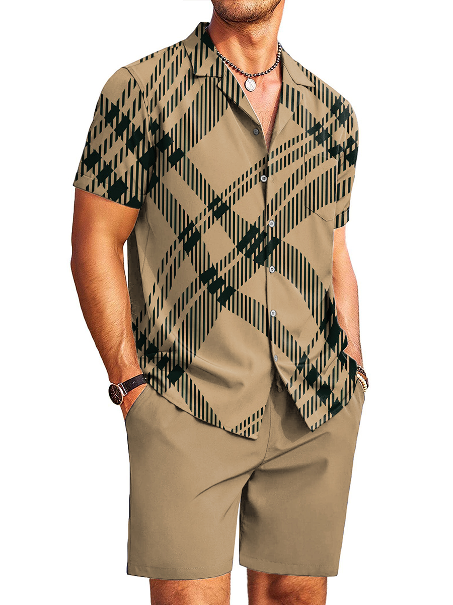 Men's Sets Hawaiian Stylish Abstract Plaid Print Button Pocket Two-Piece Shirt Shorts Set