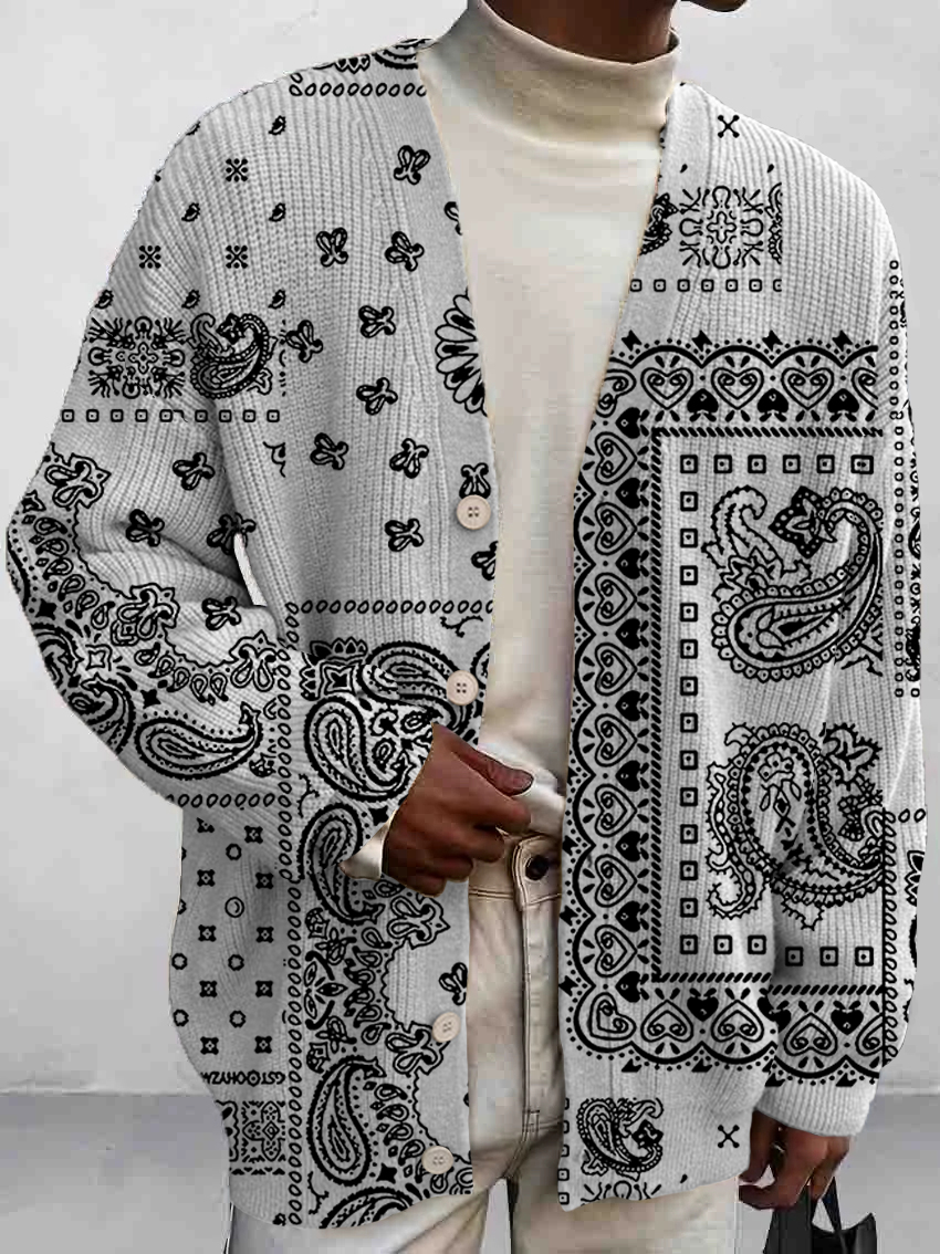 Men's Vintage Paisley Patchwork Print Buttoned Cardigan Sweater