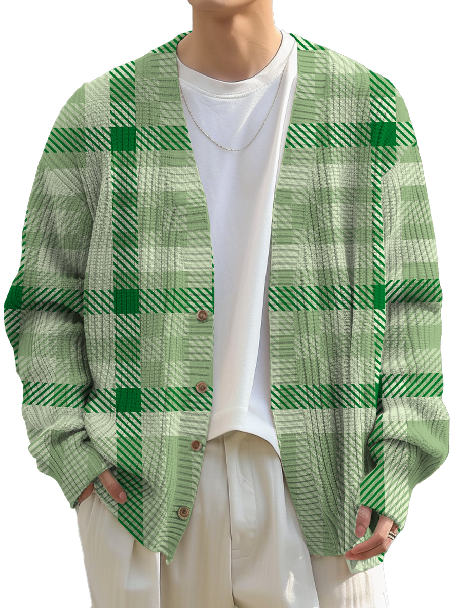 Men's Sweater Plaid Printed Buttoned Cardigan Sweater