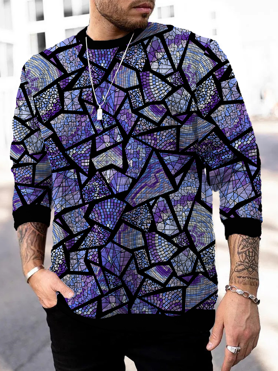 Men's Square Pattern Sweatshirt Diamond Geometry Art Print Long Sleeve Sweatshirt