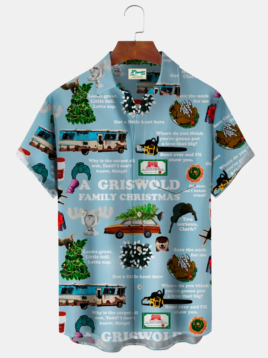 Men's Hawaiian Shirt Stretch Aloha Pocket Christmas Cartoon Camp Shirts