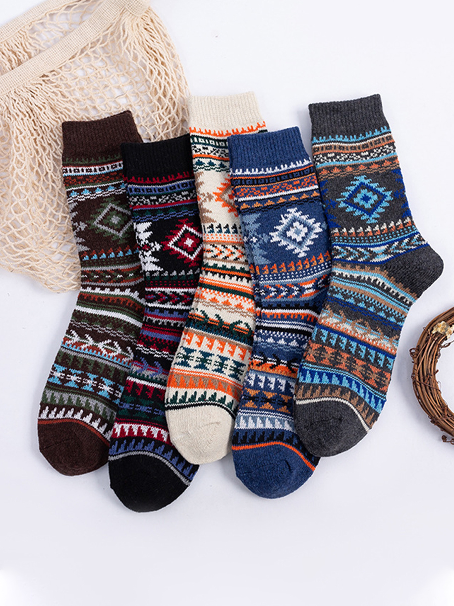 5 Pairs Of Men's Retro Pattern Cotton Socks