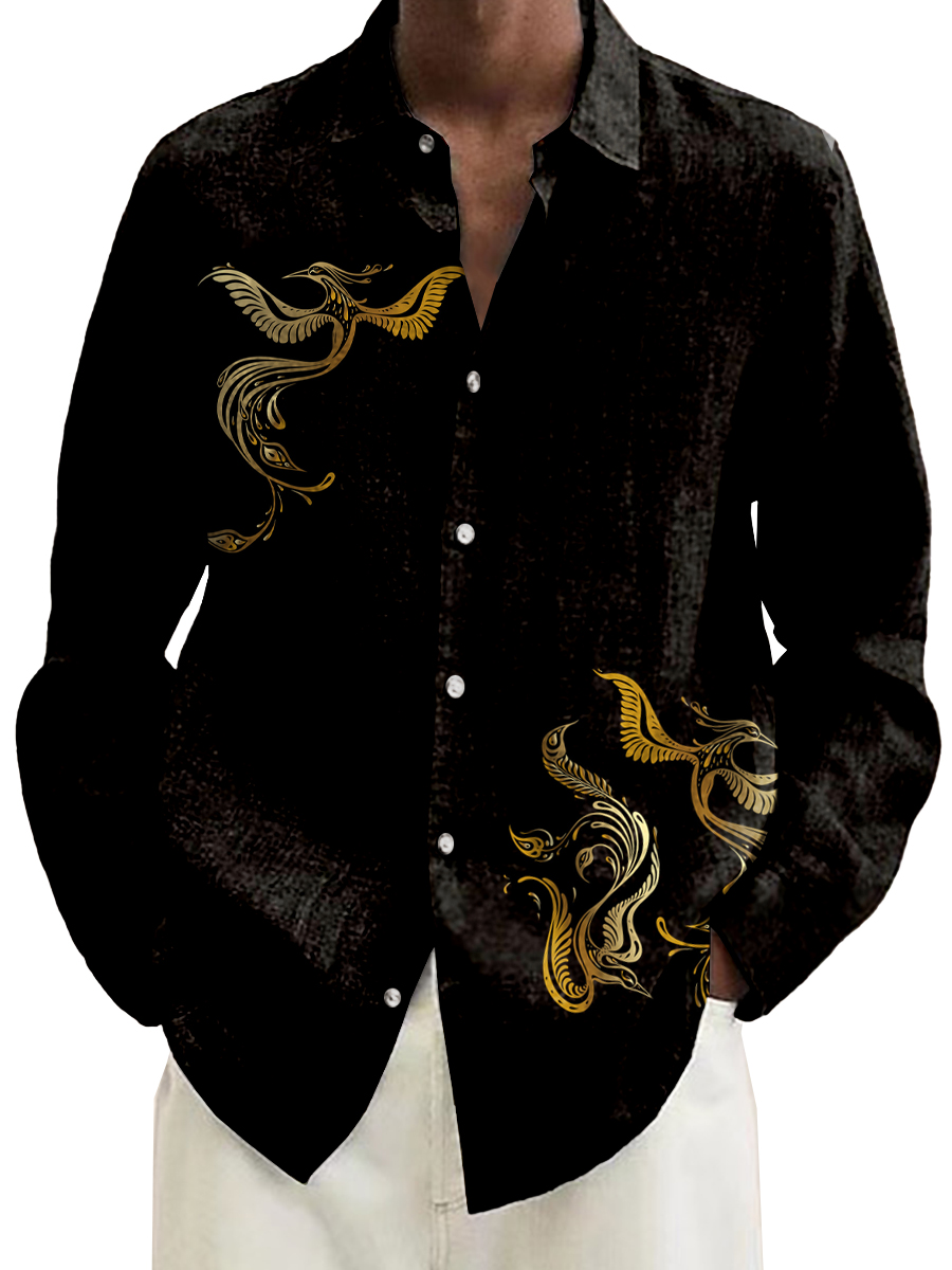 Vintage Golden Phoenix Art Pattern Long Sleeve Hawaiian Shirt