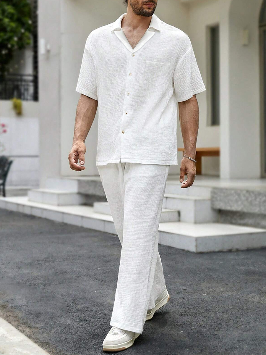 Men's Sets Casual Button Down Wrinkle Free Seersucker Two-Piece Shirt Shorts