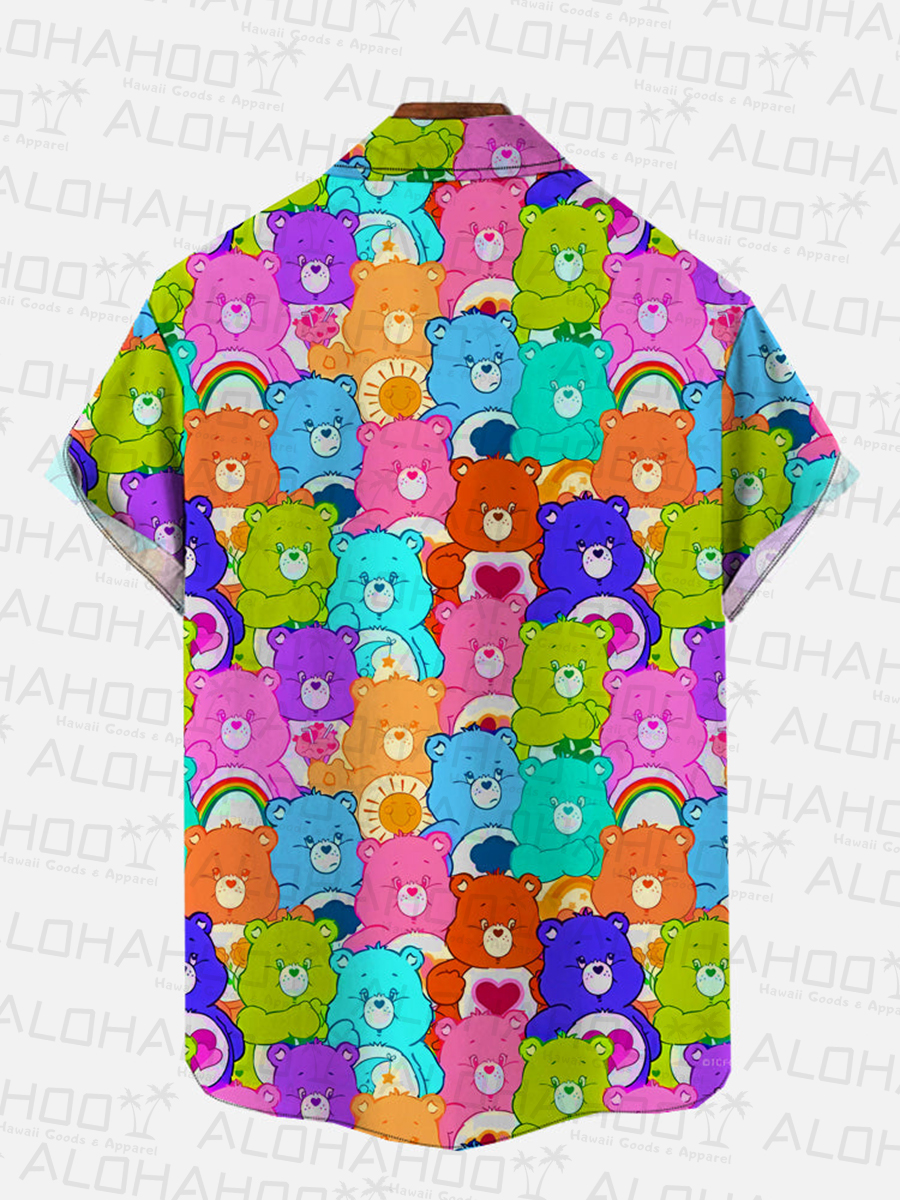 Cute Rainbow Colorful Bears Print Hawaiian Short Sleeve Shirt