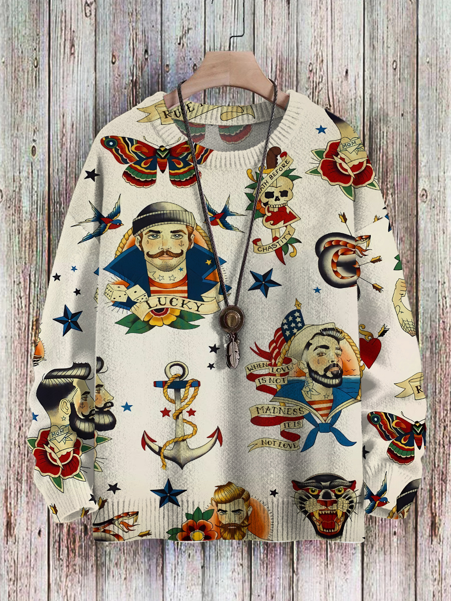 Men's Sweater Vintage Sailor Tattoo Pattern Pullover Print Casual Sweater