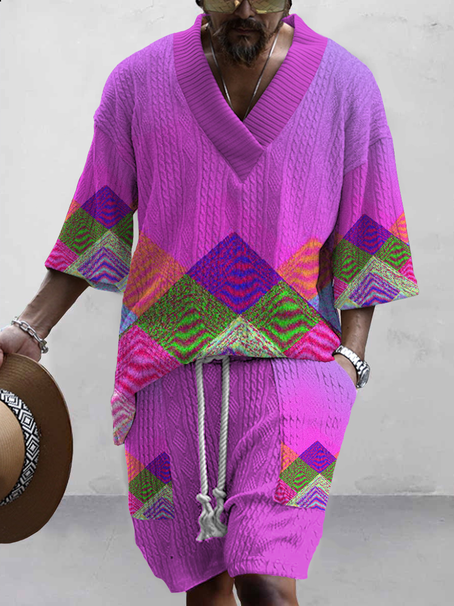 Men's Retro Geometry Gradient Color Print Stylish Knit Shirt Set