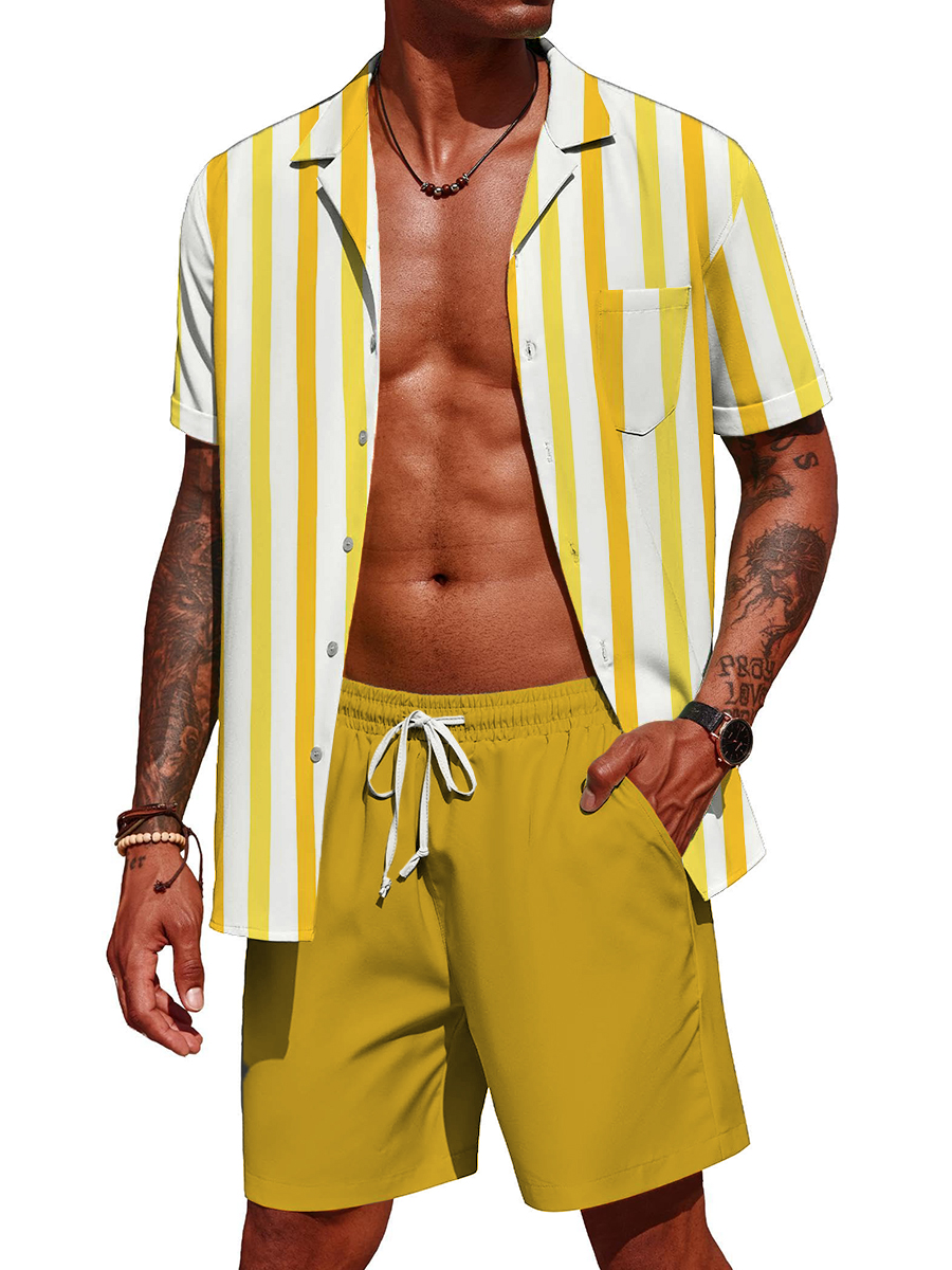 Men's Sets Hawaiian Stripes Pattern Button Pocket Two-Piece Shirt Shorts Set