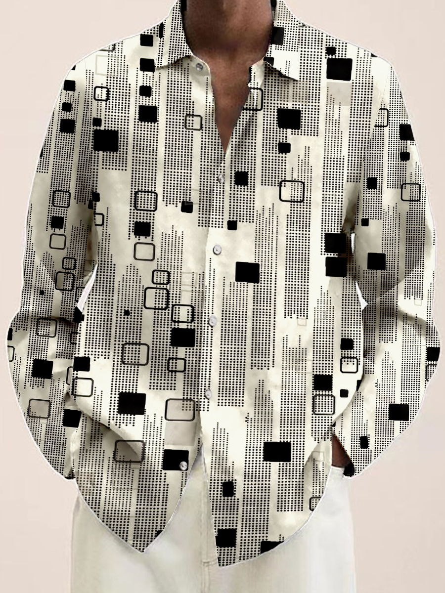 Men's Geometric Print Long Sleeve Hawaiian Shirt