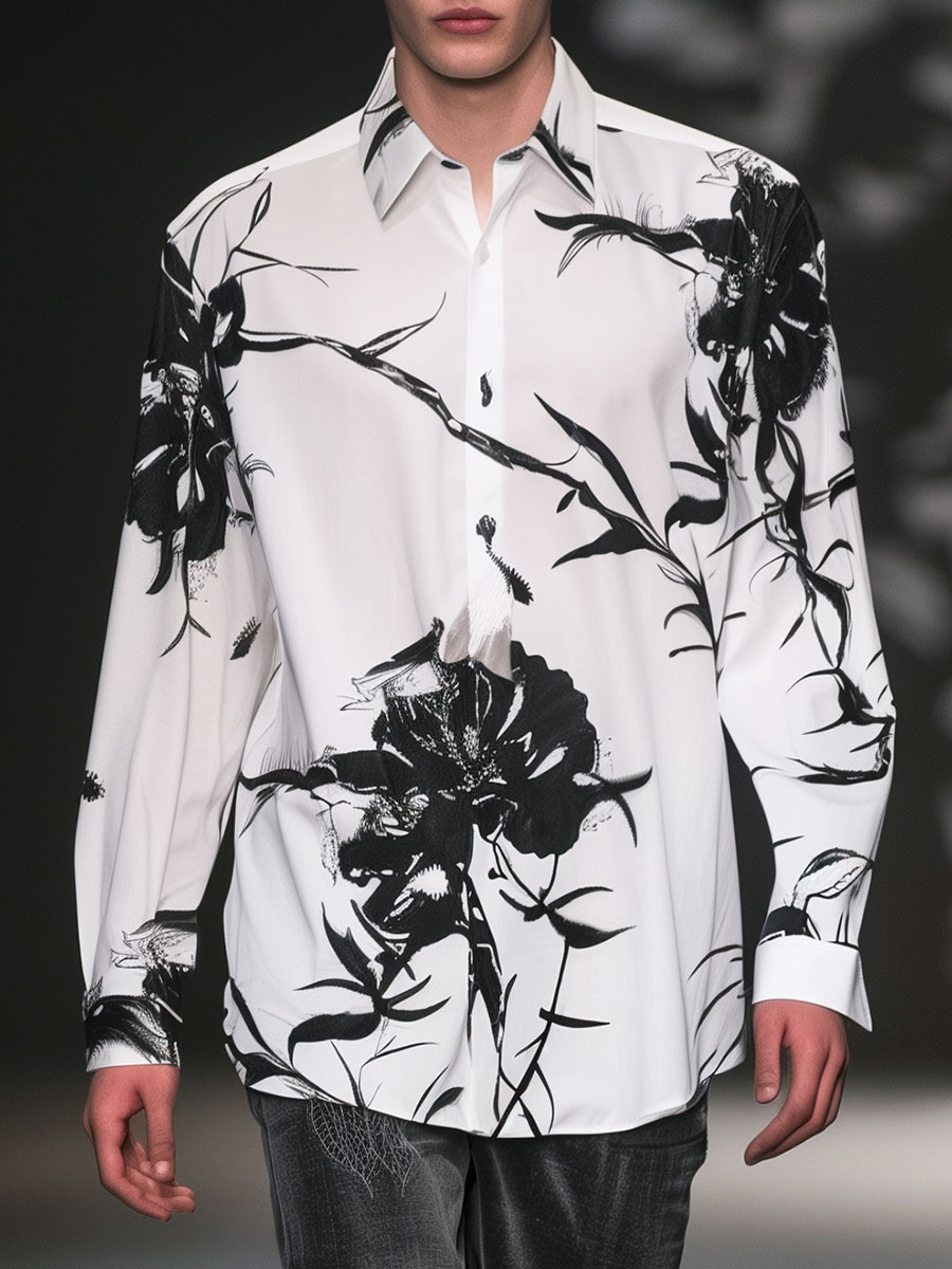 Men's Hawaiian Shirt Flower Casual Oversized Long Sleeve Shirt