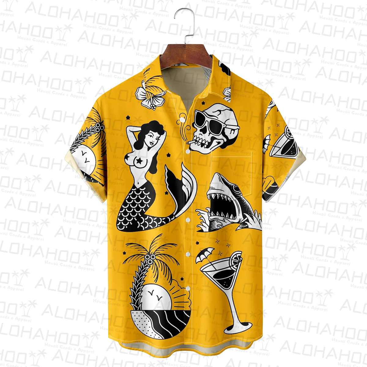 Retro Mermaid Tattoo Chest Pocket Hawaiian Shirt