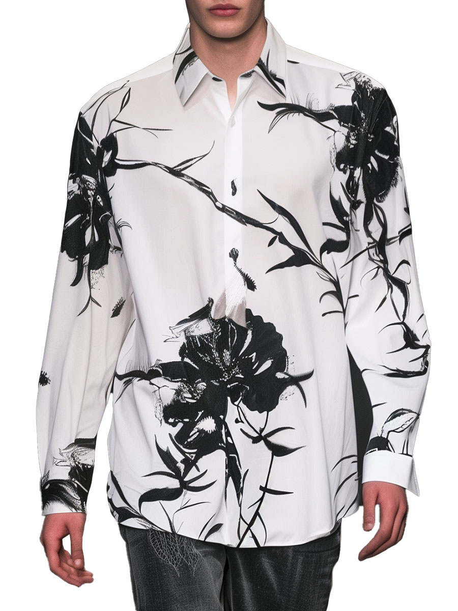 Men's Hawaiian Shirt Flower Casual Oversized Long Sleeve Shirt