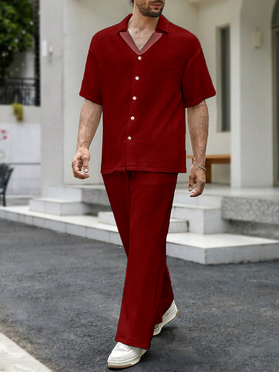 Men's Sets Casual Button Down Wrinkle Free Seersucker Two-Piece Shirt Shorts