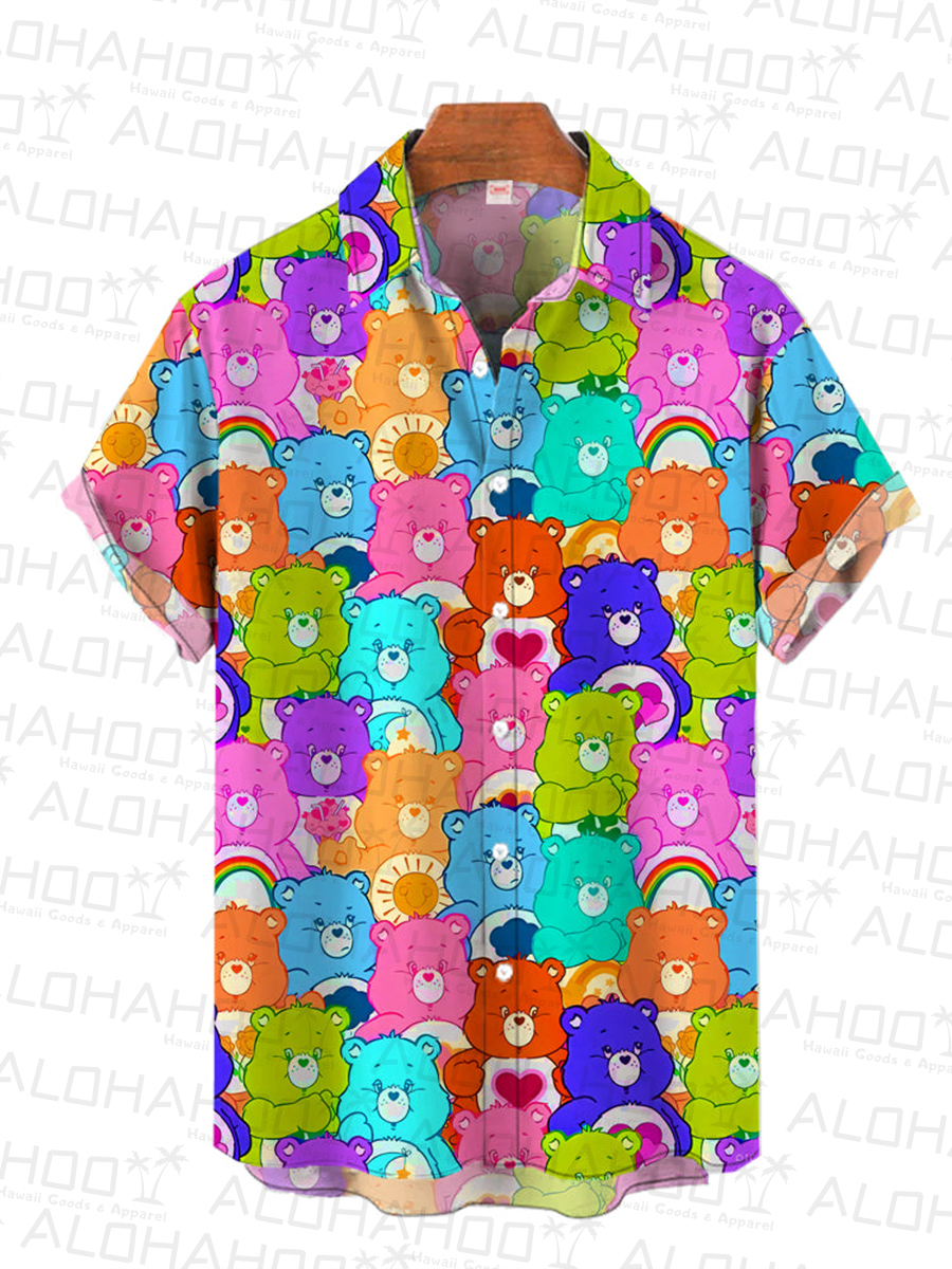 Cute Rainbow Colorful Bears Print Hawaiian Short Sleeve Shirt