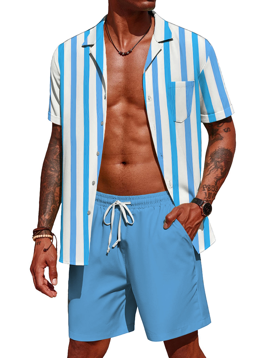 Men's Sets Hawaiian Stripes Pattern Button Pocket Two-Piece Shirt Shorts Set