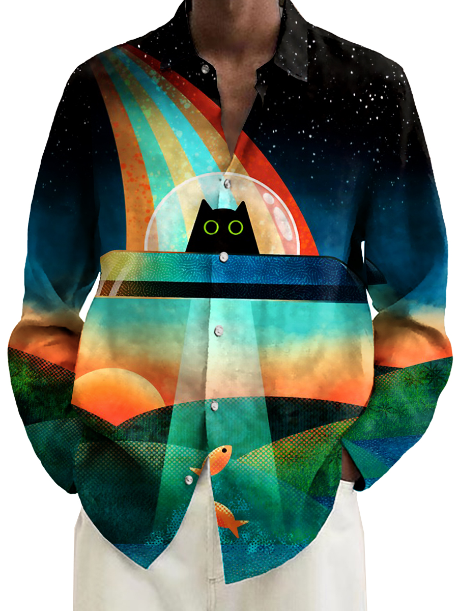 Cute Cat UFO Pattern Casual Loose Long Sleeved Shirt