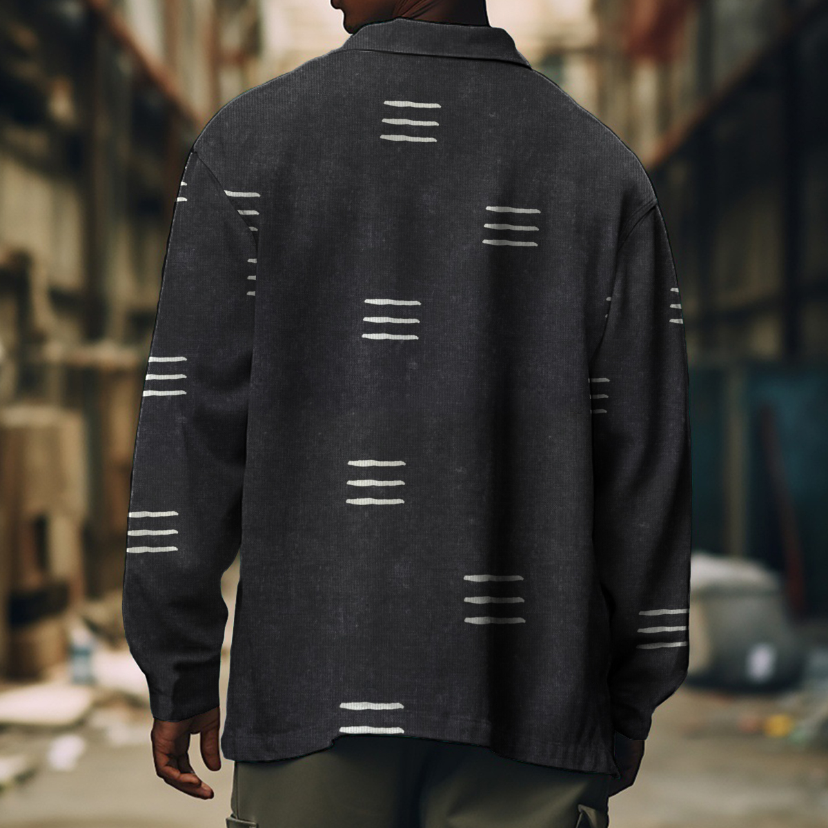 Men's Casual Jacket Vintage Simple Geometry Pattern Long Sleeve Pockets Shirt Jacket