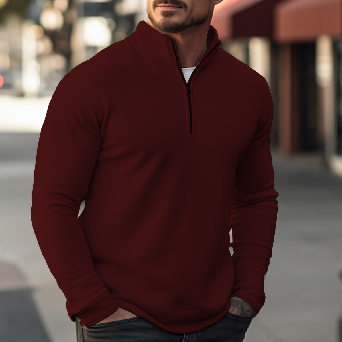 Basics Solid Color Casual Zip Long Sleeve Sweater