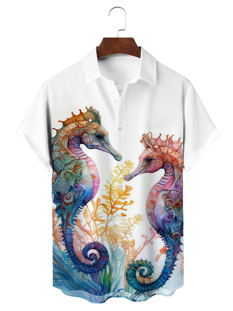 Men's Hawaiian Shirts Watercolor Seahorse Print Aloha Pocket Shirts