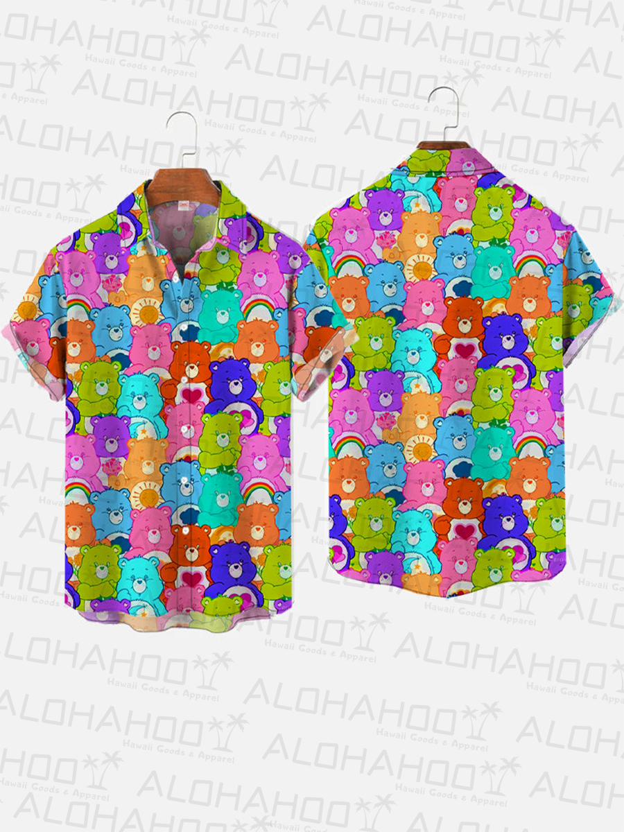 Cute Rainbow Colorful Bears Print Hawaiian Short Sleeve Shirt