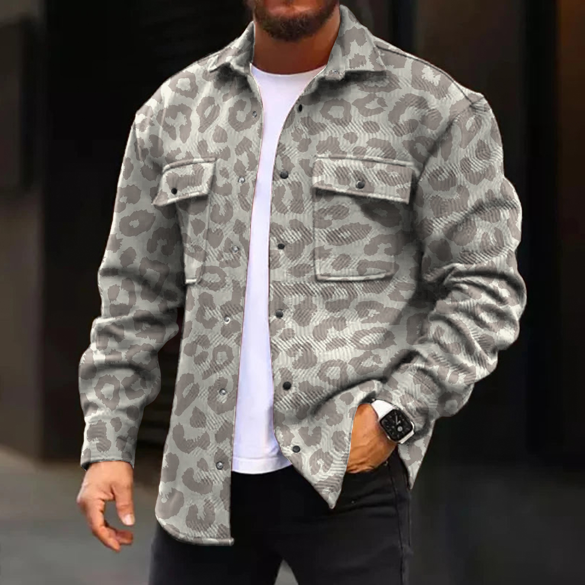 Men's Casual Jacket Retro Leopard Pattern Long Sleeve Pockets Shirt Jacket