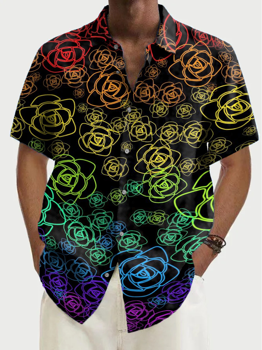 Retro Rainbow Floral Lines Pattern Shirt Plus Size Men's Shirt