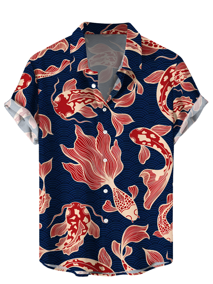 Japanese Style Koi Print Short Sleeves Hawaiian Shirt