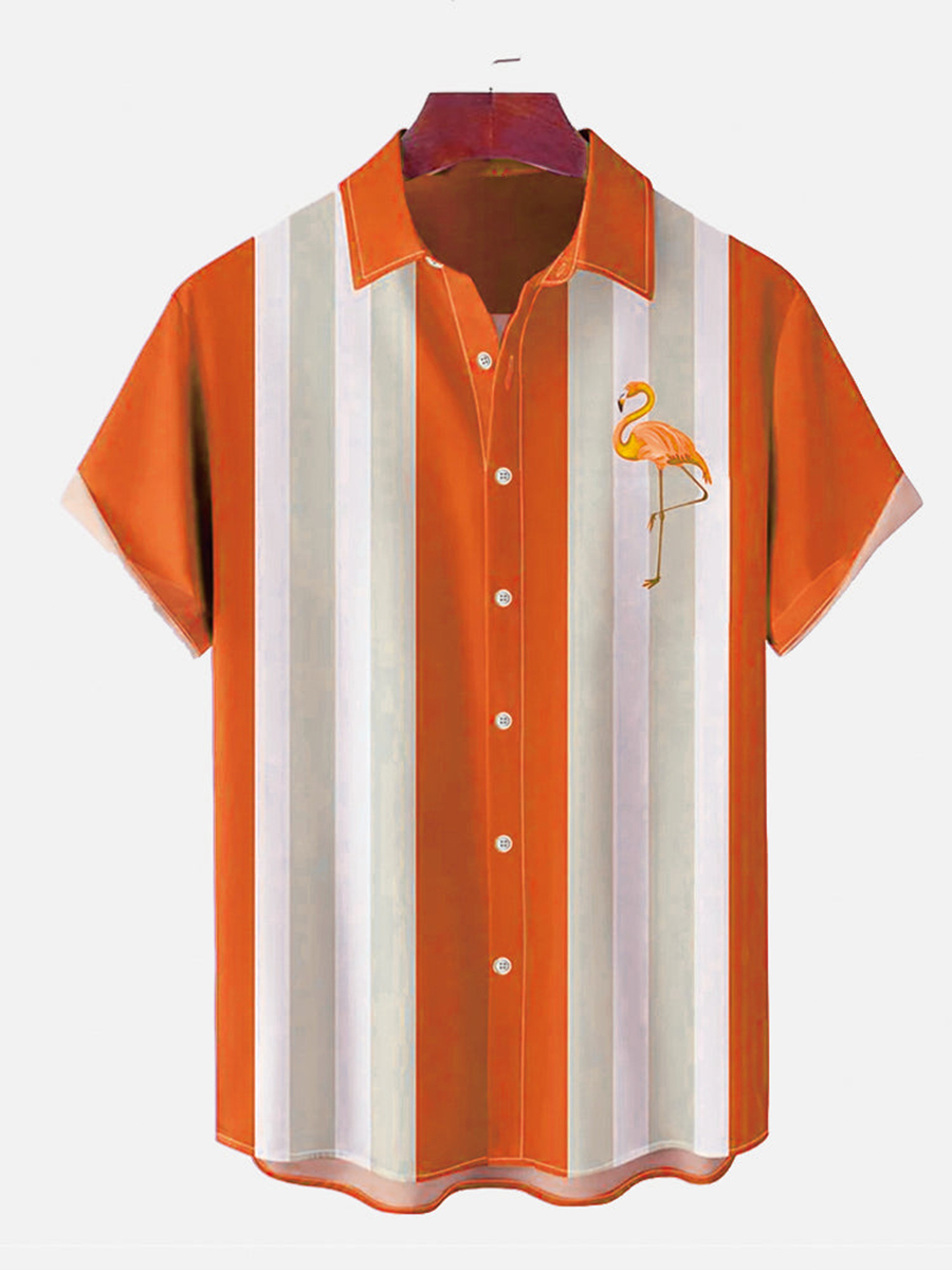 Flamingo Print Summer Bowling Style Hawaiian Short Sleeve Shirt