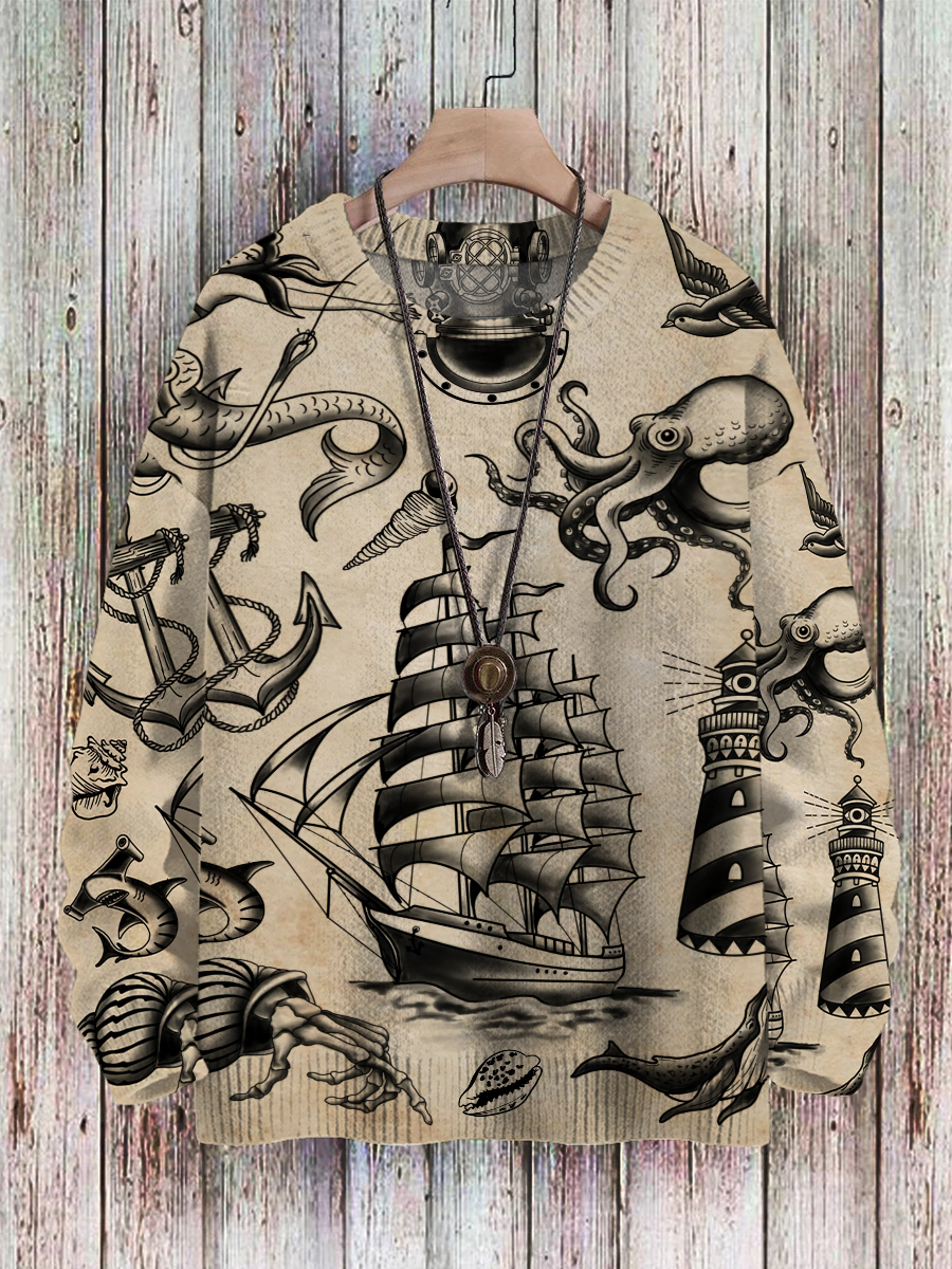 Men's Sweater Vintage Nautical Mermaid Boat Pattern Pullover Print Casual Sweater