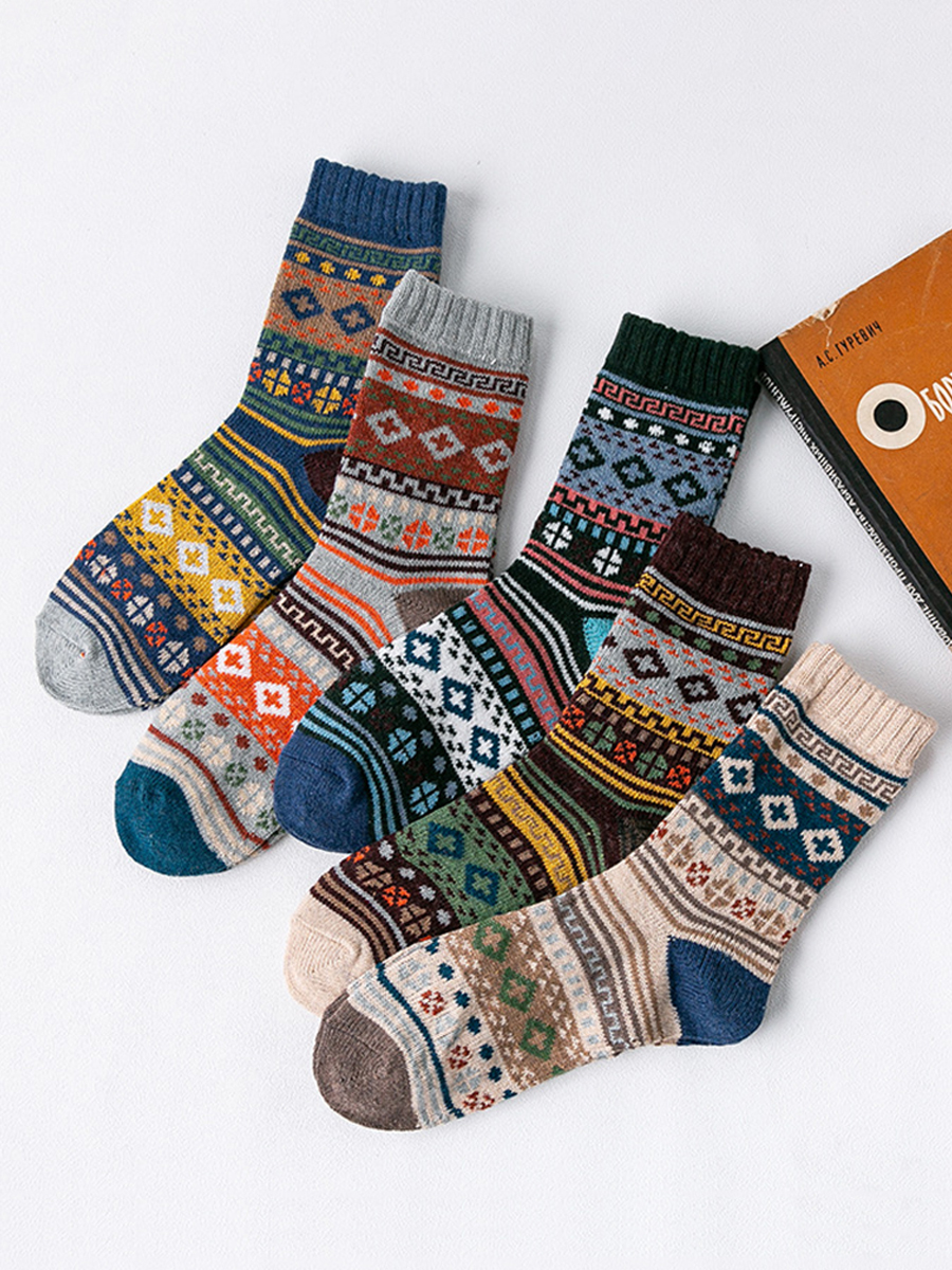 5 Pairs Of Men's Retro Pattern Cotton Socks