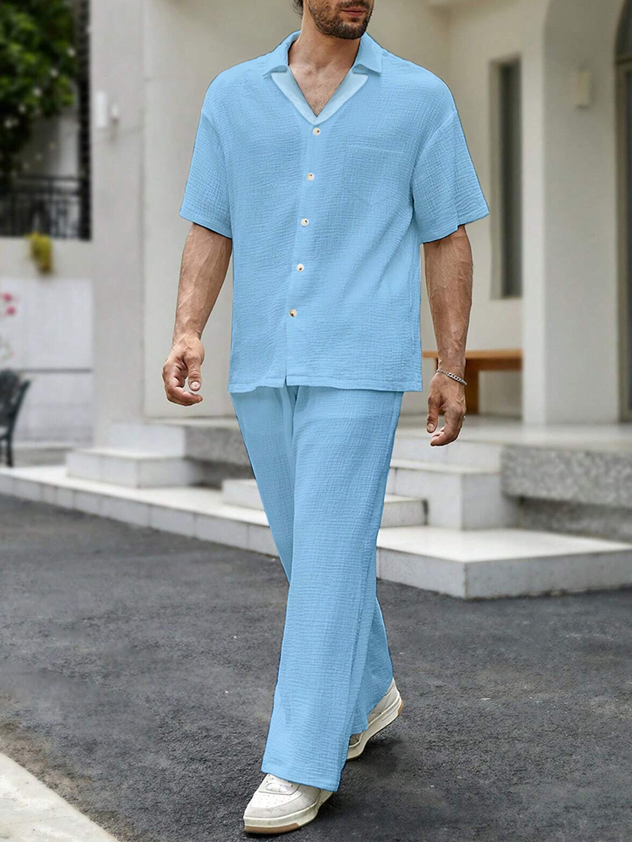 Men's Sets Casual Button Down Wrinkle Free Seersucker Two-Piece Shirt Shorts