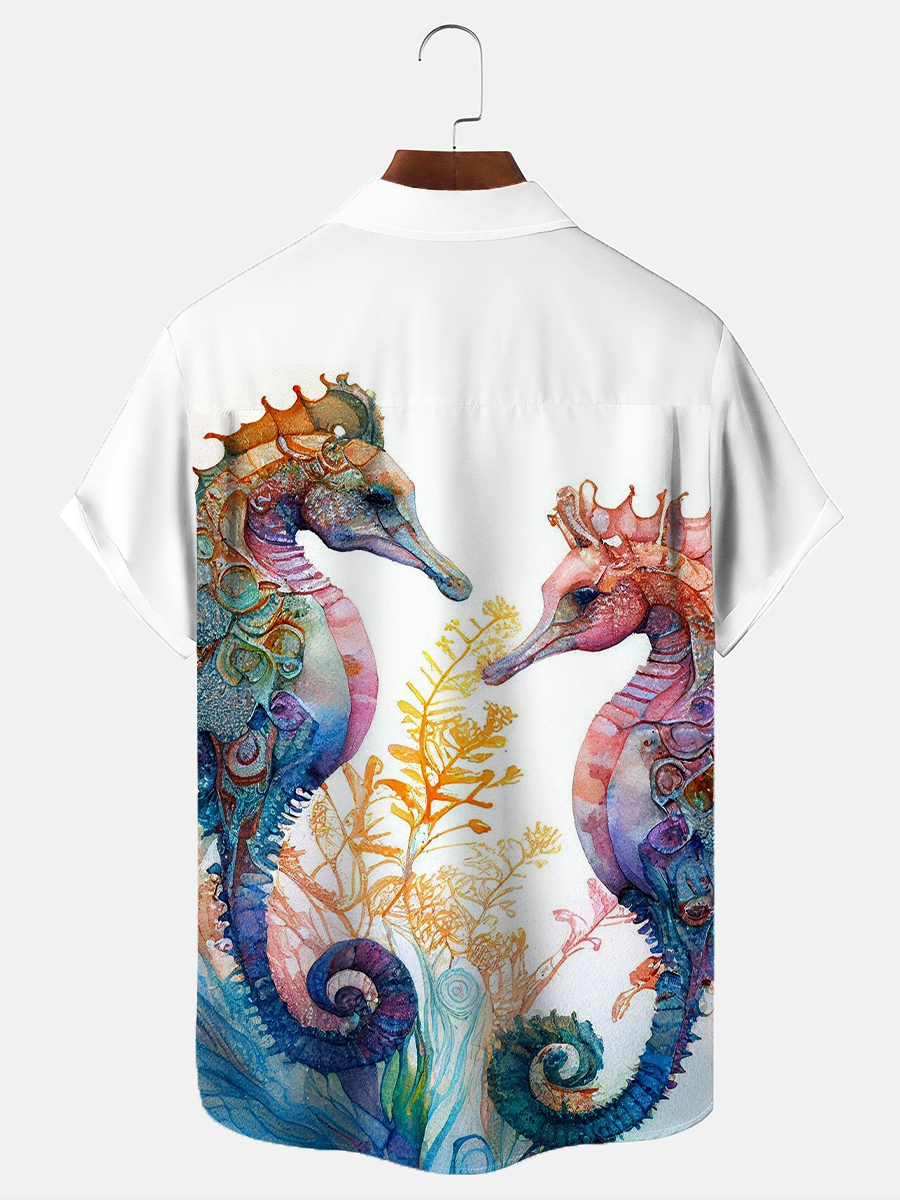 Men's Hawaiian Shirts Watercolor Seahorse Print Aloha Pocket Shirts