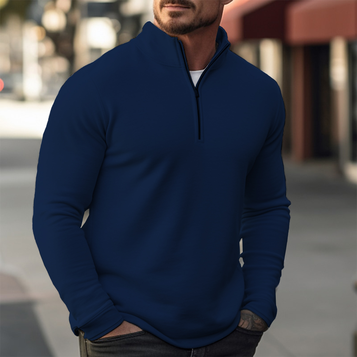 Basics Solid Color Casual Zip Long Sleeve Sweater