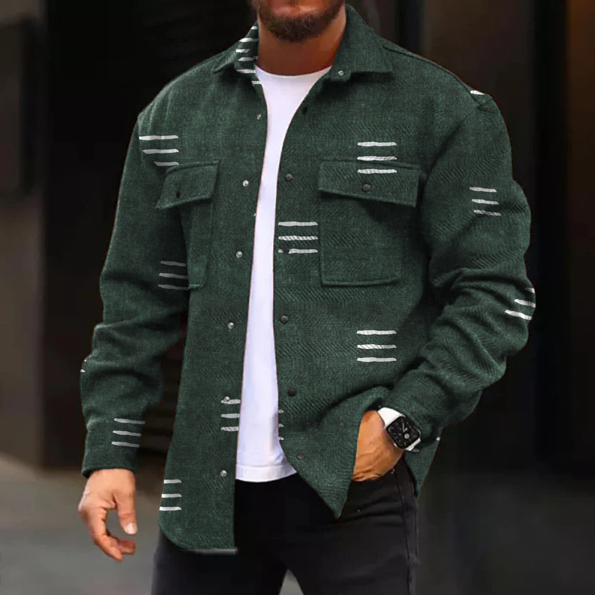 Men's Casual Jacket Vintage Simple Geometry Pattern Long Sleeve Pockets Shirt Jacket