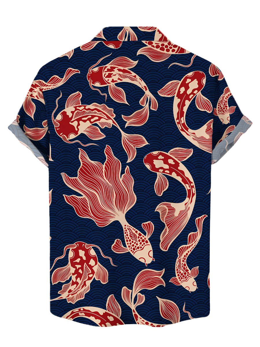 Japanese Style Koi Print Short Sleeves Hawaiian Shirt